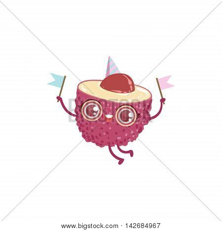 Litchi Girly Cartoon Character.Childish Design Sticker With Humanized Bright Color Fruit Character.