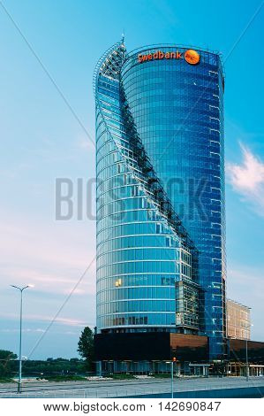 Riga, Latvia - June 30, 2016: Central Building  Swedbank In Riga, Latvia. Sunny Summer Evening. Swedbank Has 9.5 Million Retail Customers And 622, 000 Corporate Customers In Sweden, Estonia, Latvia, And Lithuania.