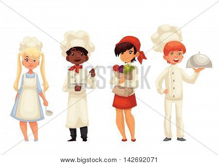 Children chefs cartoon illustration isolated on white background. Set of chef kids standing, serving food, holding vegetables and stirring bowl. Happy little cookers in hats and uniform