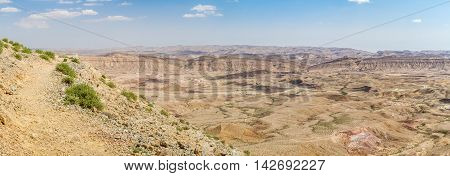 Landscape Makhtesh Gadol or Large Crater nature reserve in Negev desert view from Mt. Avnon Israel
