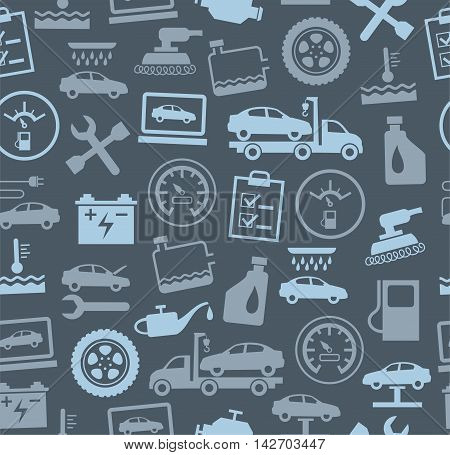 Repair and maintenance of vehicles, seamless background, grey, colour. Vector flat background with drawings of services an auto repair shop. Gray image on a dark gray background.