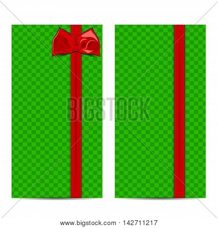 Beautiful card with checkered green background and cute red ribbon. Red bow. Illustration for cards.