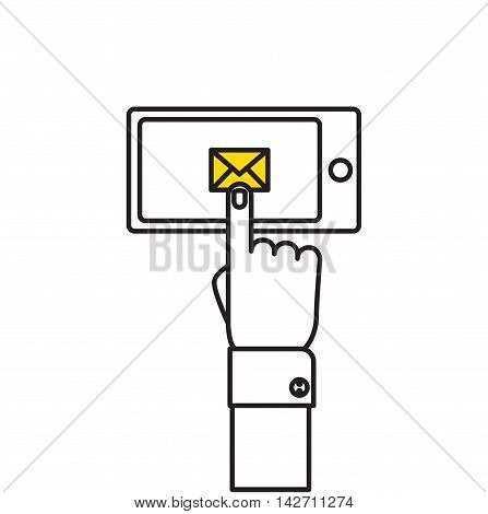 Hand holding smart phone in hand with email social network. Message send on mobile phone. Email marketing. Flat style vector illustration