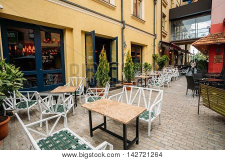 Tbilisi Georgia - May 19 2016: Cozy Outdoor Cafes In The Shardeni Street Of Old Town Tbilisi Georgia.