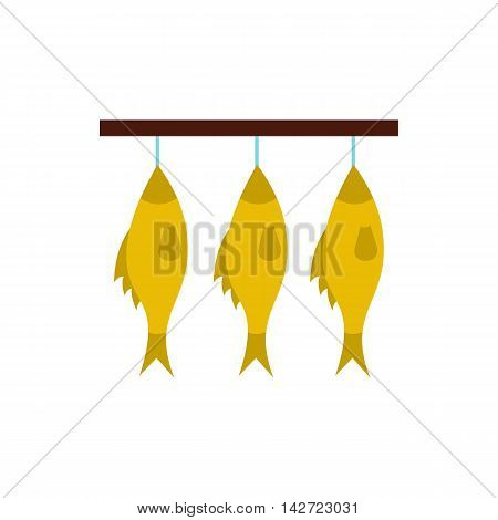 Stockfish hanging on a rope icon in flat style isolated on white background