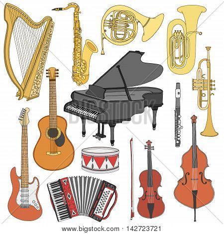 Hand drawn cute, doodle, sketch musical instruments. Vector icons set on white background