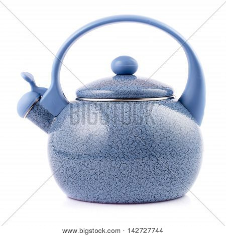 Blue enamel kettle isolated on white background