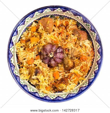Bowl of oriental rice pilaf top view isolated