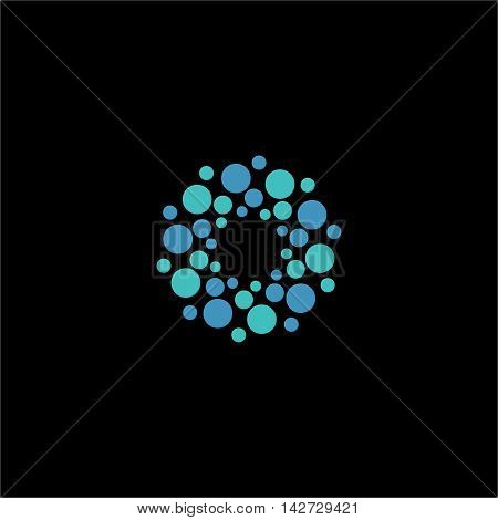 Isolated abstract blue color flower vector logo. Round shape molecular connection logotype on the black background. Atomic structure. Virus image. Floral pattern.