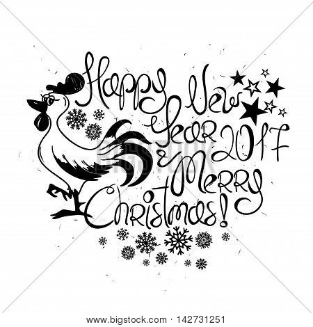 Happy New Year and Merry Christmas greeting card. Graphic typography illustration with funny cartoon rooster - symbol of the Chinese New Year.