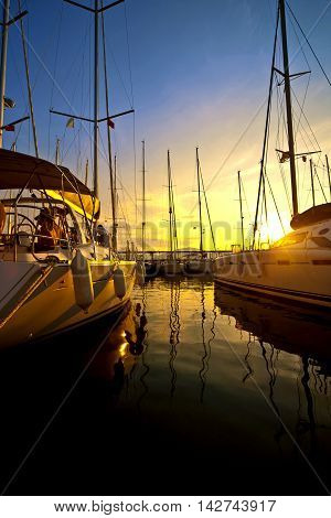 Yachts at a wharf dusk in Turkey