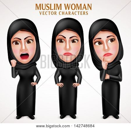 Angry muslim arab woman vector characters with facial expressions wearing veil and islamic clothes in white background. Vector illustration.
