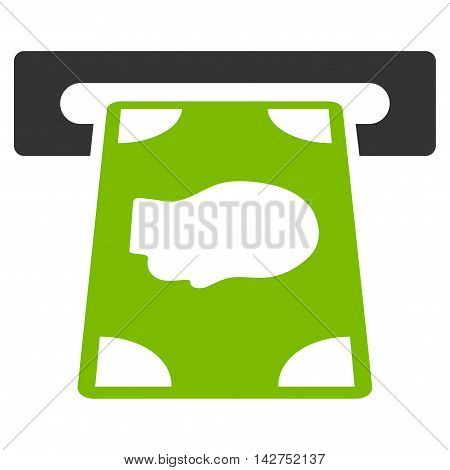 Cashpoint icon. Glyph style is bicolor flat iconic symbol with rounded angles, eco green and gray colors, white background.