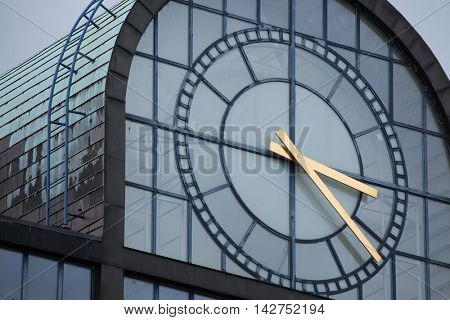 Huge clock on the postmodernist office building on Wenceslas Square in Prague, Czech Republic. 