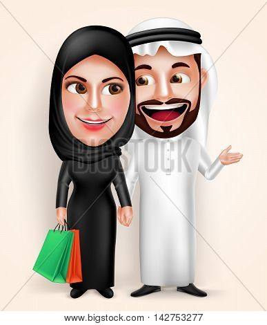 Muslim arab young couple vector characters wearing traditional emirati dress happy holding hands while holding bags and shopping. Vector illustration.