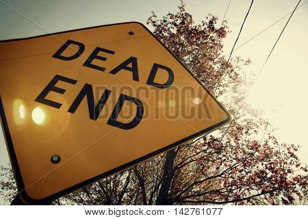 Dead End street sign on a street, trees in the background and the sun shining through the power lines above