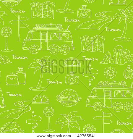 Vector seamless pattern with hand drawn isolated symbols of car travel on green color. Pattern on the theme of tourism. Background for use in design packing web site fabric