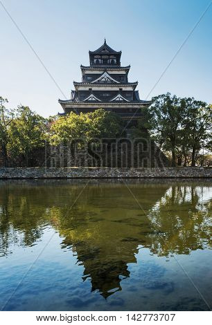 Hiroshima Castle with reflection in Hiroshima Japan