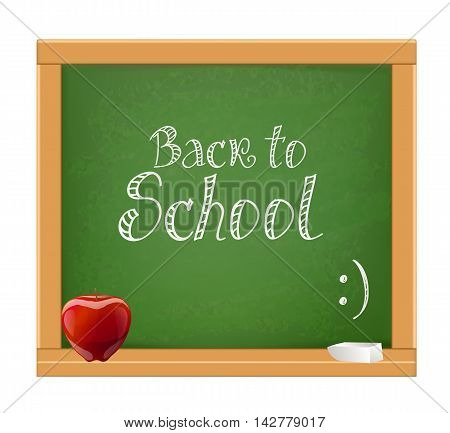 back to school message on wooden chalkboard with red apple and chalk. vector illustration