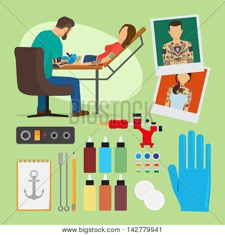 Tattoo studio vector illustration. Tattooist artist paint woman body with tattooing machine