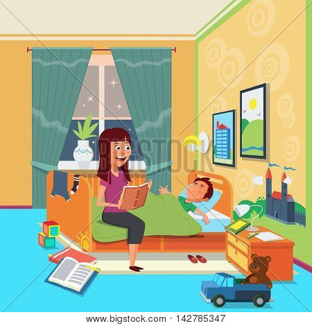 Mother read book to child. Cartoon colorful vector illustration