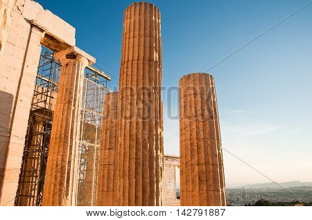 Doric columns of the Propylaea in Athens Greece.