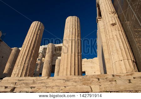 Doric columns of the Propylaea in Athens Greece.