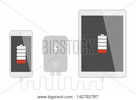 Gadgets with powerbank. Phone and tablet charging with portable powerbank. Low battery. Isolated gadgets on white background.