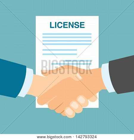 License safety handshake. Men shacking hands for insurance of license, patent from copyriting.