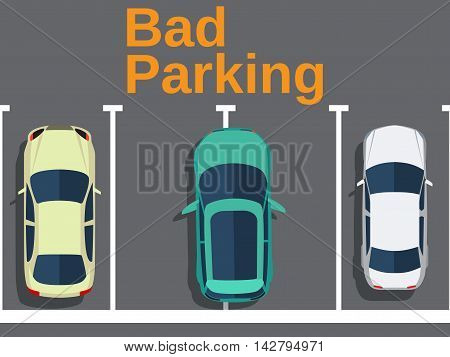 Bad parking. Cars top view. Vector illustration in flat design