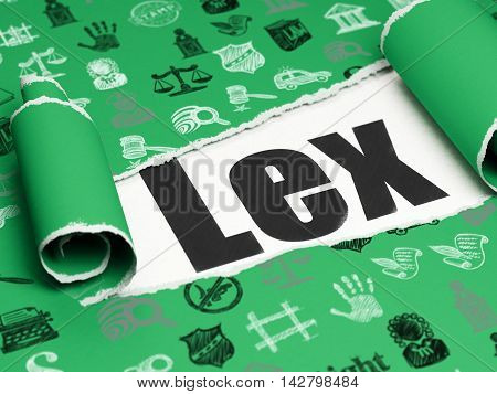 Law concept: black text Lex under the curled piece of Green torn paper with  Hand Drawn Law Icons, 3D rendering