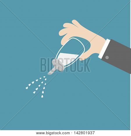 Hand holding sugar bowl basin shaker bottle with hearts crystals inside. Glass container. Line icon. Flat design. Isolated. Blue background. Vector illustration.