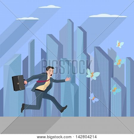 anxious business man running and trying to catch some money symbols