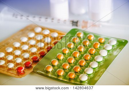 Birth control pill Injection Medication and Injection devices made vintage style
