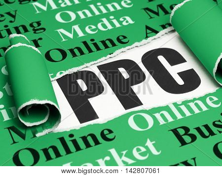Marketing concept: black text PPC under the curled piece of Green torn paper with  Tag Cloud, 3D rendering