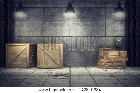 Old warehouse with wooden crates inside. 3D rendering