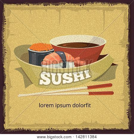Vector vintage poster with sushi banners, traditional japan food. tamplate for cover or emblem design. Illustrations with place for your text.