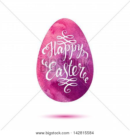 Easter lettering on pink watercolor egg. Easter card. Happy easter text. Easter background. Watercolor easter egg. Easter holiday for invitation and card. Vector illustration. Hand drawn lettering.