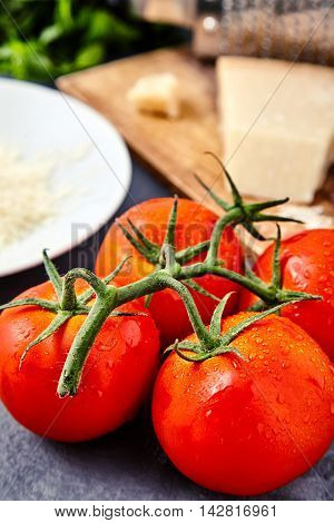 Branch of fresh red tomatoes with water drops on and parmesan or parmigiano reggiano cheese on back with grater and grated cheese on white plate and mint beam. Concept of italian cuisine ingredients