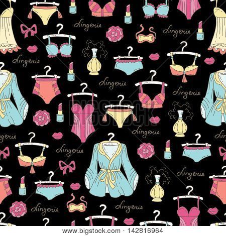 Vector seamless pattern with hand drawn colored lingerie for women on black color. Pattern on the theme of fashion. Background for use in design packing web site fabric