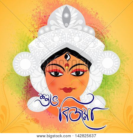 Hindu Mythological Goddess Durga and Bengali Text Shubho Bijoya (Happy Dussehra) on colorful splash and floral design decorated background.