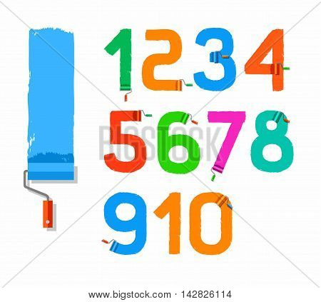 The figures, drawn with the paint roller, colored, flat. Vector numbers on a white background. The trace of the paint roller. Simulated texture.