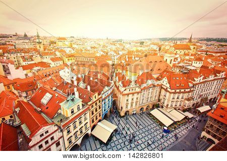 Monuments of Prague. Old Town. View on many tourists seen from Old Town City Hall.