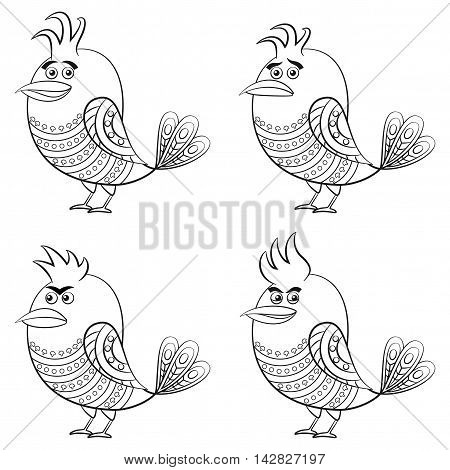 Set of Funny Birds of Different Moods, Sad, Angry, Cheerful and Insidious, Cute Patterned Cartoon Character, Black Contour Isolated on White Background. Vector