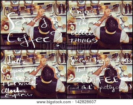 Photo Collage Of Barista And Coffee Machines, Vintage Filter Applied