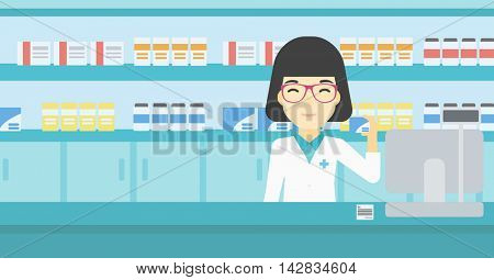 An asian young pharmacist standing at the counter and showing some medicine. Female pharmacist holding a box of pills in the pharmacy. Vector flat design illustration. Horizontal layout.