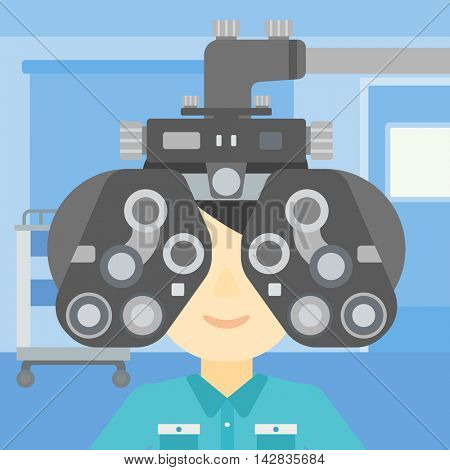 Man during an eye examination. Man visiting optometrist at the medical office. Man undergoing medical examination at the oculist. Vector flat design illustration. Square layout.
