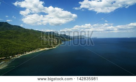 cloudy seaside from above alepochori greece aerial