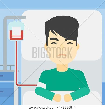 An asian man lying in bed at hospital ward with equipment for blood transfusion. Man during medical procedure with drop counter at medical room. Vector flat design illustration. Square layout.