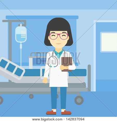 An asian friendly doctor holding a file in hospital ward . Smiling female doctor with stetoscope carrying folder of patient or medical information. Vector flat design illustration. Square layout.